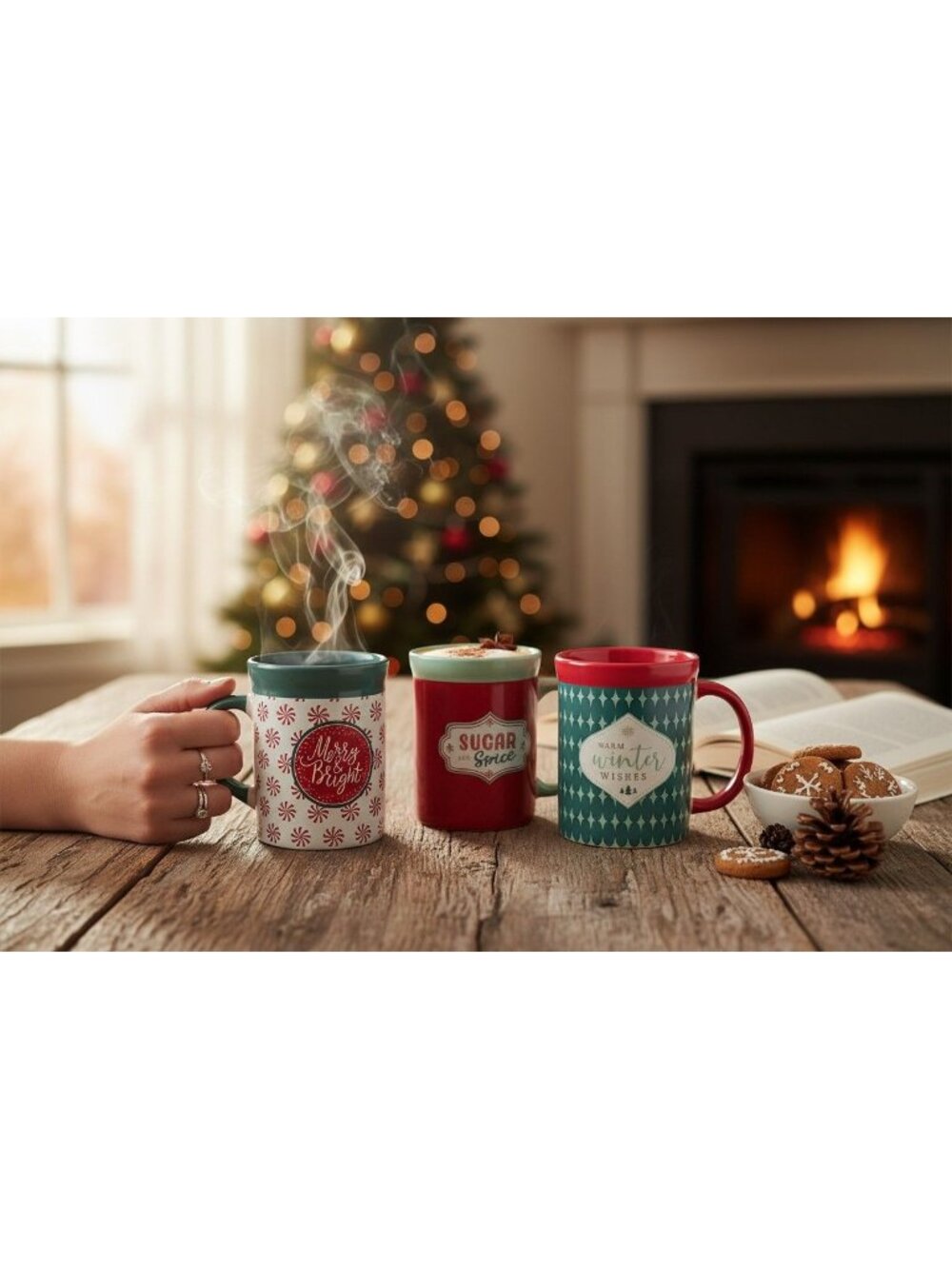 Design Pac Holiday Ceramic Mug Set W/ Festive Designs Merry & Bright Sugar Set 3